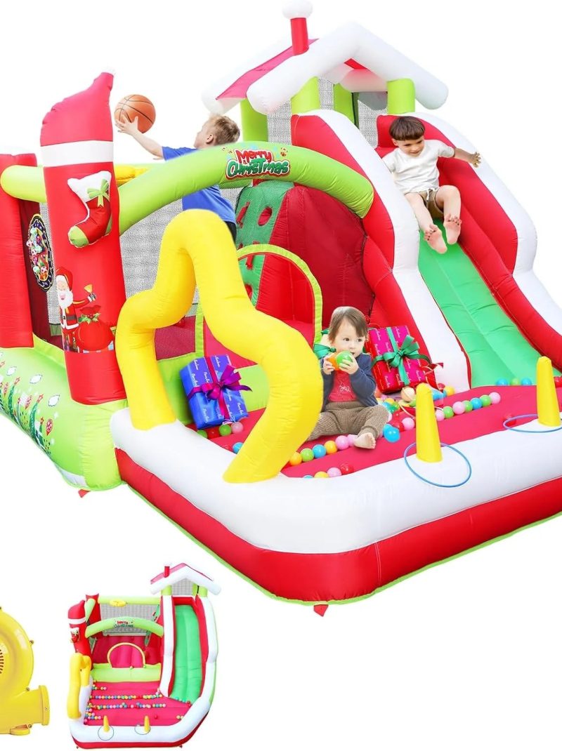 Track 7 Christmas Inflatable Bounce House for Kids, 7 in1 Slide Inflatable Bouncer with Blower, Slide, Climbing, Obstacles, Jumping All in One Castle, Outdoor & Indoor, for Toddlers Age 2+