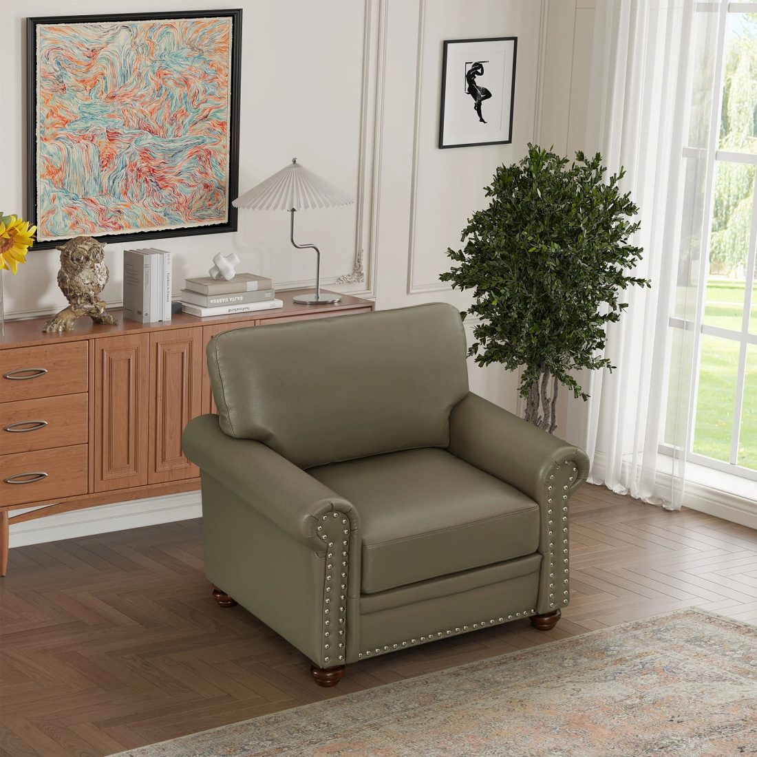 Living Room Sofa Single Seat Chair with Wood Leg Grey Faux Leather - Image 2
