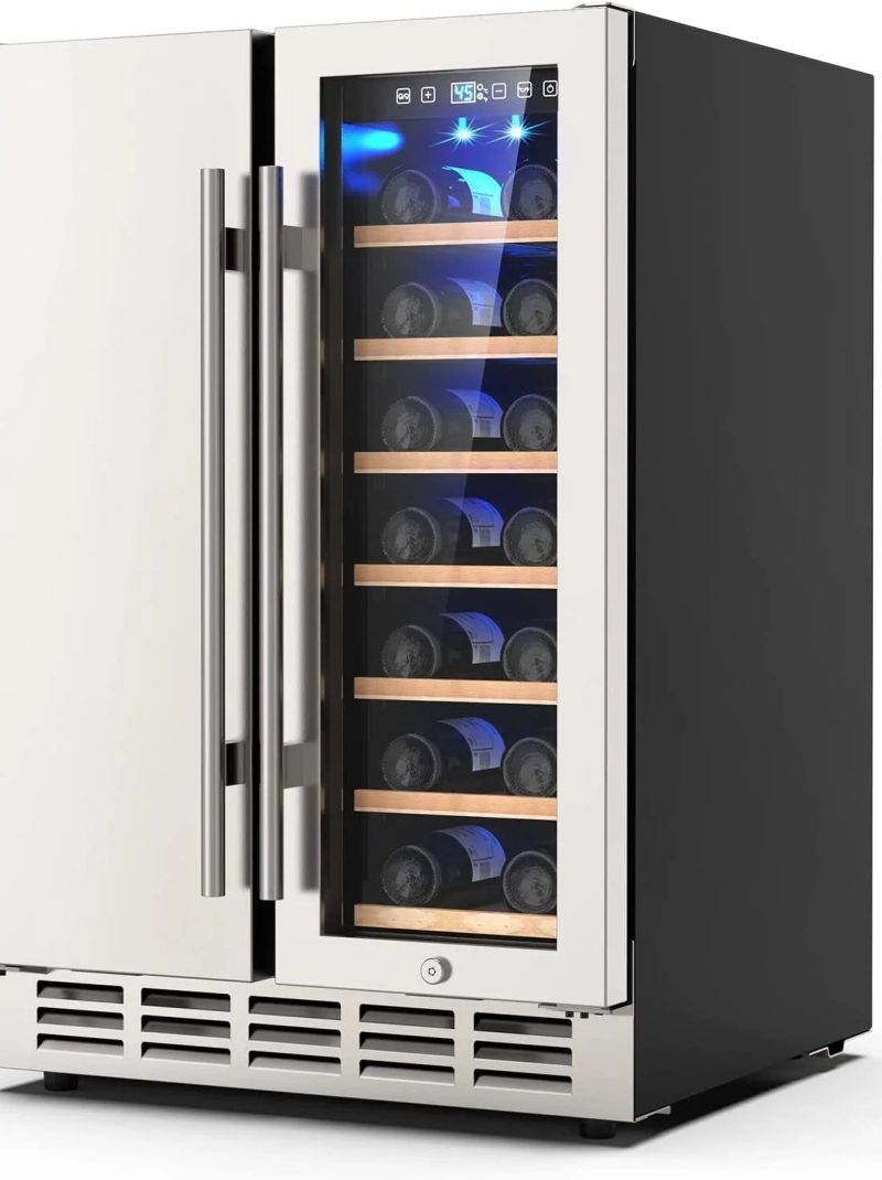 Ecojoy Wine and Beverage Refrigerator, 24 Inch Dual Zone Wine Fridge, Under Counter Wine Cooler Fridge Built-In or Freestanding, Holds 20 Bottles and 57 Cans