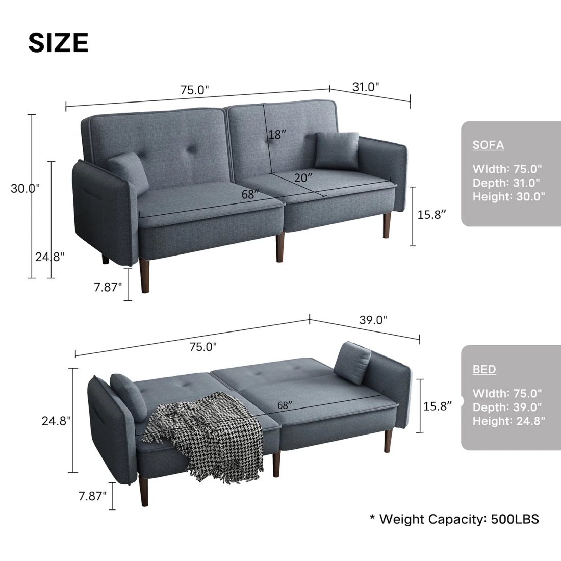 Modern Grey Fabric Futon Sofa Bed with Solid Wood Legs, Convertible Sleeper Sofa with Accent Pillows - Image 2