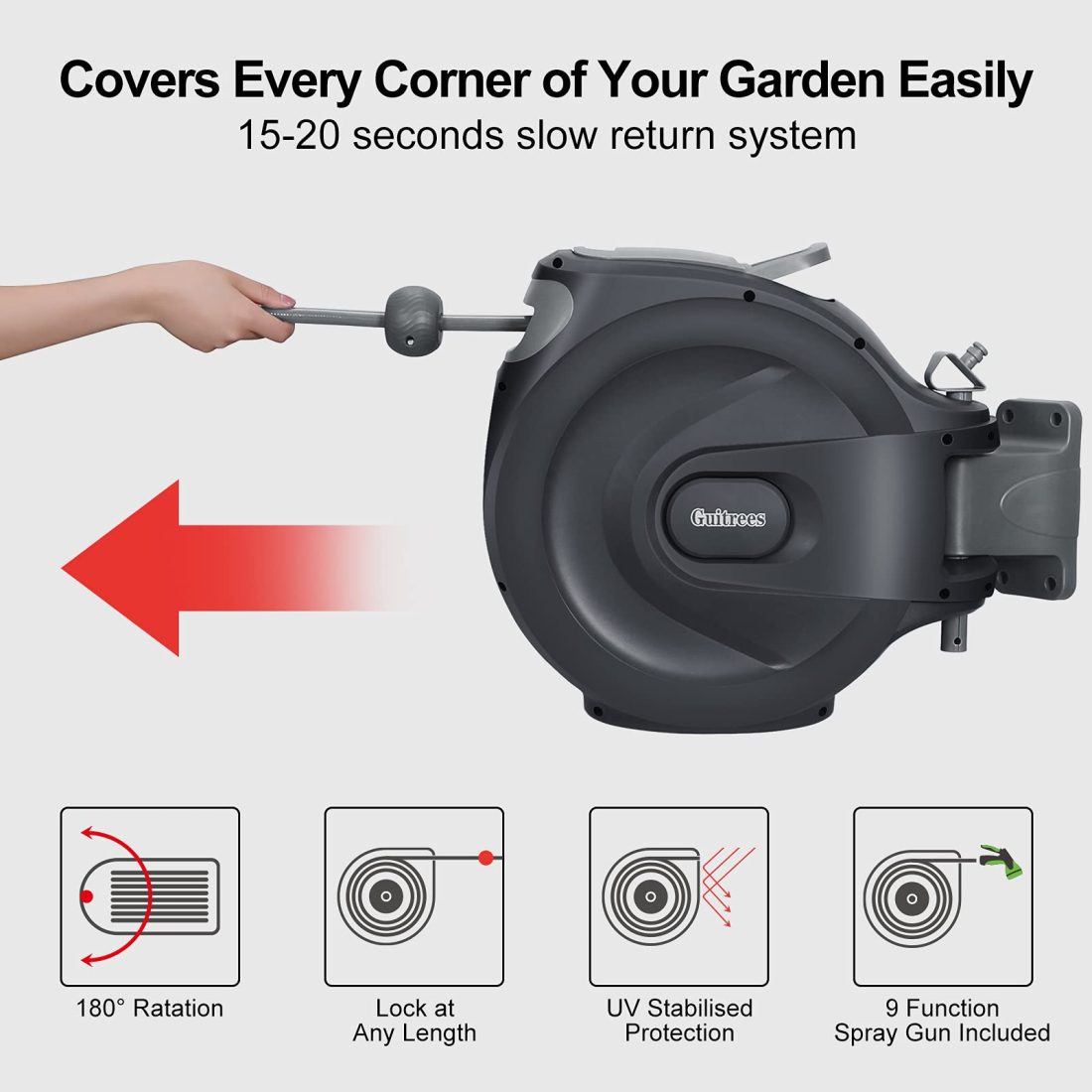 Guitrees Retractable Garden Hose Reel 1/2u201d 115FT+6FT With Cover, Slow Return System, Any Length Lock, Wall Mounted, 9 Function Nozzle and 180u00b0Swivel Bracket (Grey) - Image 6