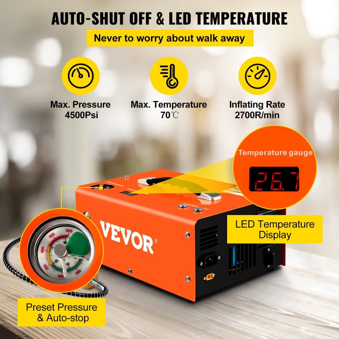 VEVORbrand PCP Air Compressor, 4500PSI Portable PCP Compressor, 12V DC 110V/220V AC PCP Airgun Compressor Auto-stop, w/ Built-in Adapter, Fan Cooling, for Paintball, Air Rifle, Mini Diving Bottle - Image 3