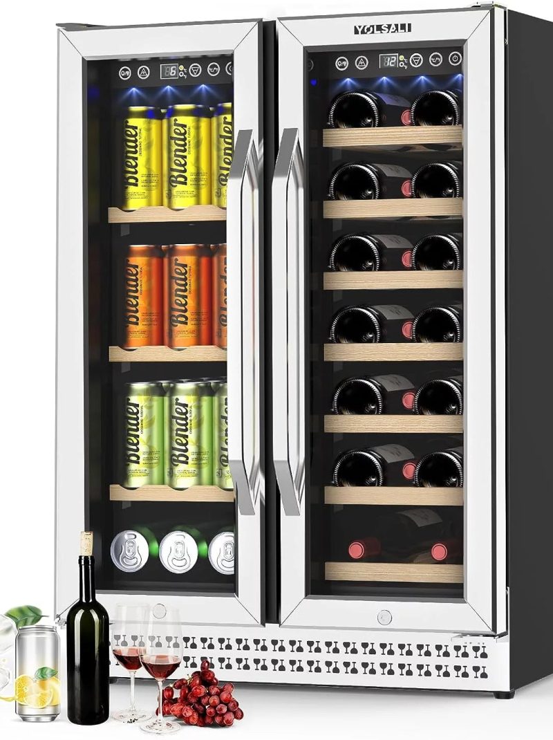 Yolsali 24 Inch Wine Cooler, Beverage Refrigerator, Dual Zone Wine Cooler Refrigerator with 2 Safety Locks, Adjustable Legs, Soft LED Light, Hold 20 Bottles and 57 Cans, Built-In or Freestanding