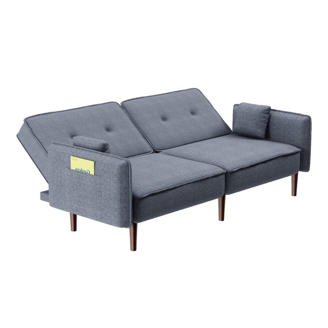 Modern Grey Fabric Futon Sofa Bed with Solid Wood Legs, Convertible Sleeper Sofa with Accent Pillows - Image 7