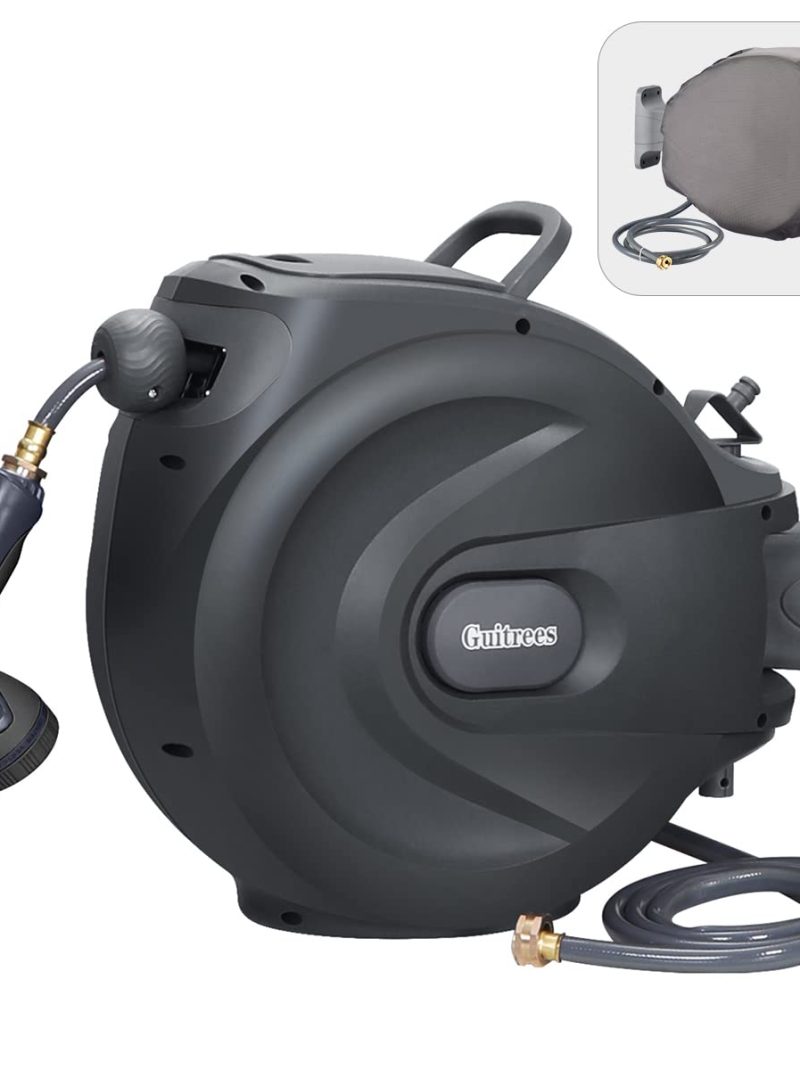 Guitrees Retractable Garden Hose Reel 1/2u201d 115FT+6FT With Cover, Slow Return System, Any Length Lock, Wall Mounted, 9 Function Nozzle and 180u00b0Swivel Bracket (Grey)