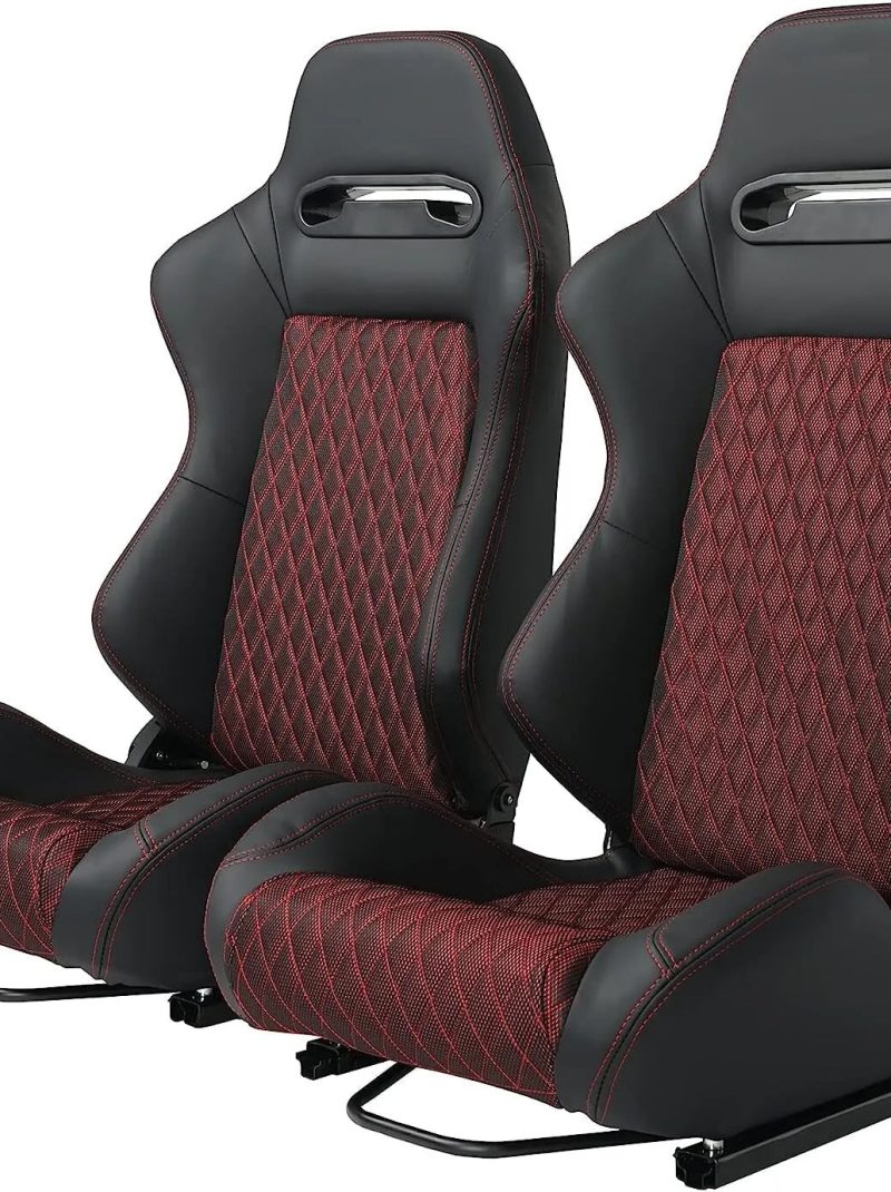 Universal Set of 2 Racing Seats Pair Black Leather Reclinable Bucket Sport Seats