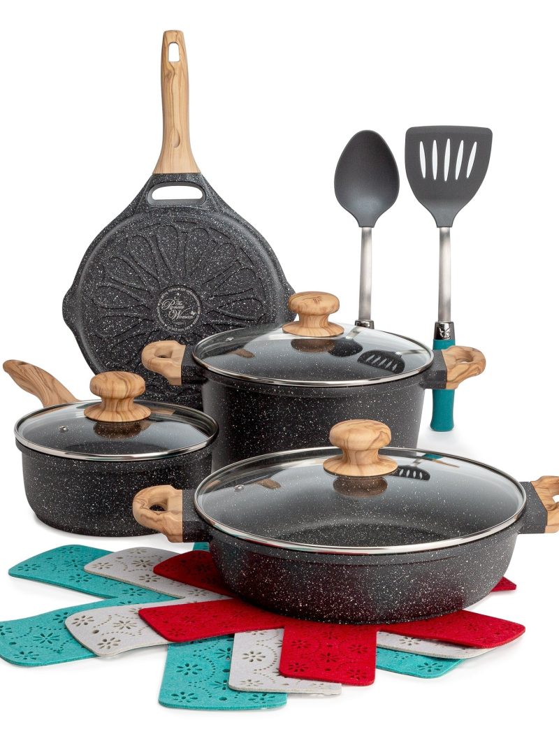 The Pioneer Woman Prairie Signature 12-Piece Cast Aluminum Cookware Set, Charcoal Speckle
