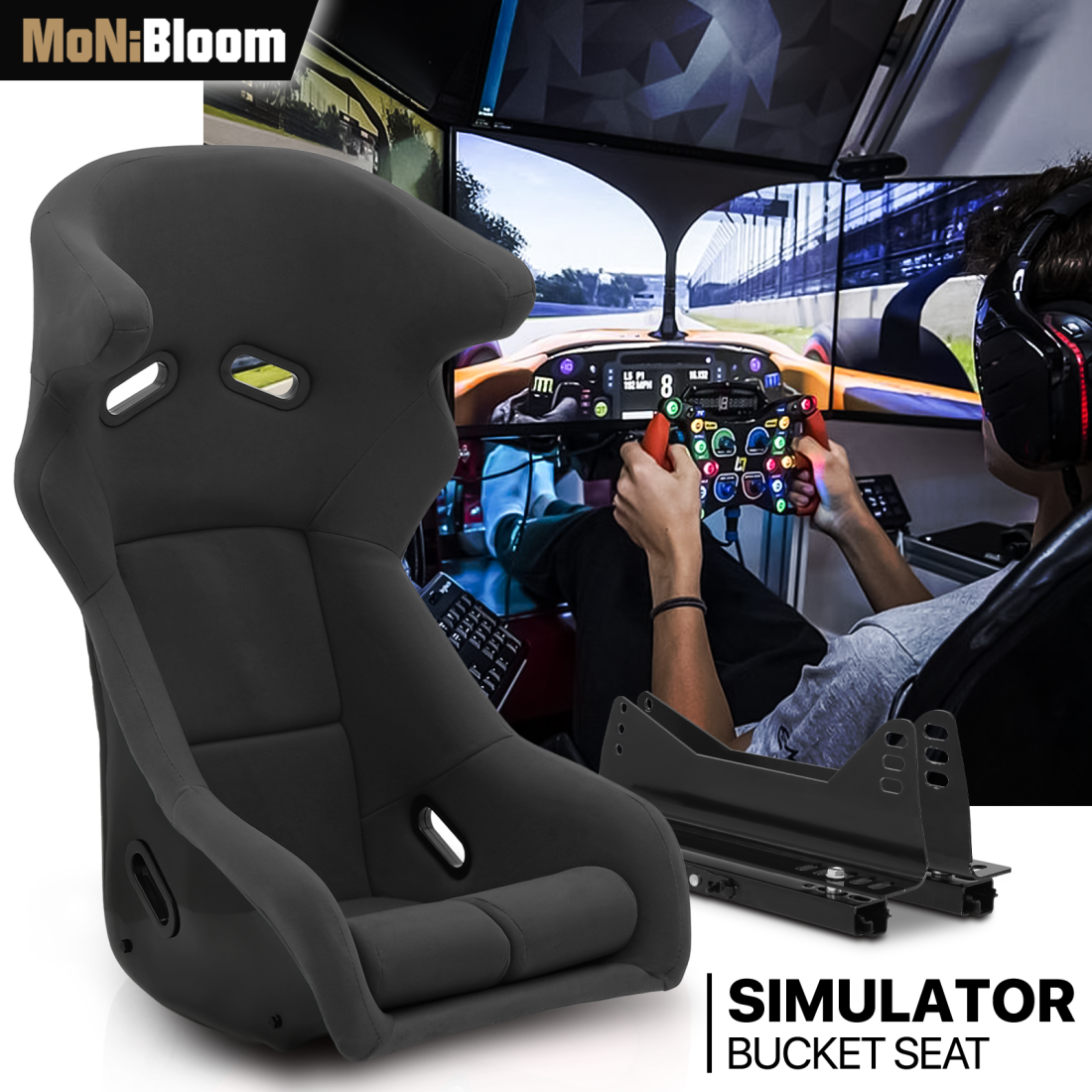 MoNiBloom Racing Bucket Seat, Racing Simulator Game Seat with Adjustable Slide, Racing Seat for Racing Simulator Cockpit Wheel Stand, Black - Image 2