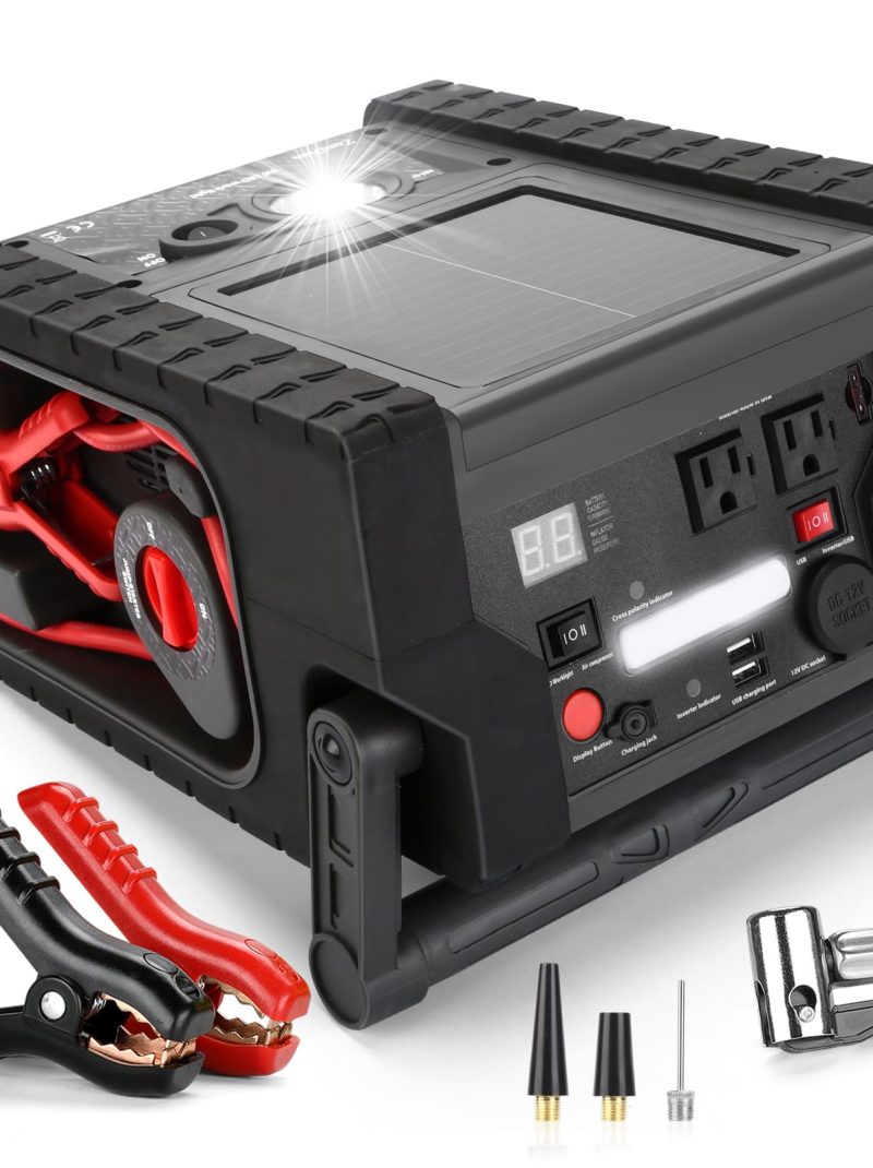 ZunDian ZD-529 Solar Portable Power Station 2000 Amps Jump Starter, 260 PSI Air Compressor, 12V Car Battery Charger with 400W Inverter Dual AC/DC/USB Output, Emergency Backup Power with Flashlights