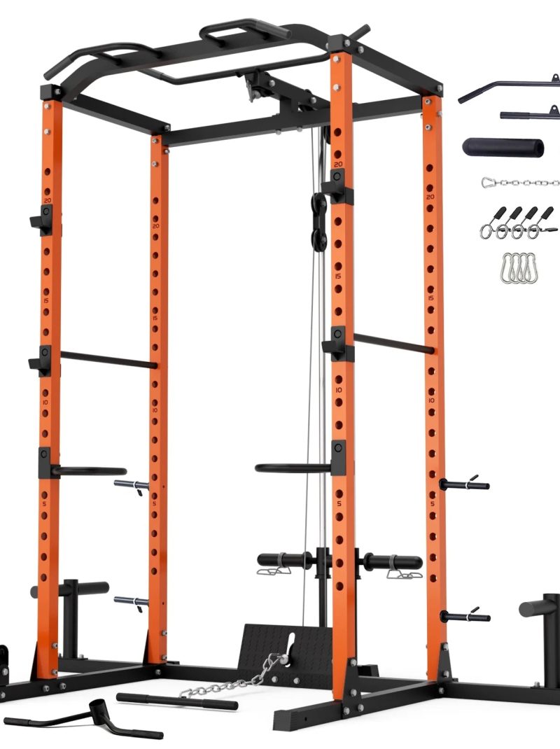 Vanswe Power Cage with LAT Pulldown Attachment, 1200-Pound Power Rack Home Gym