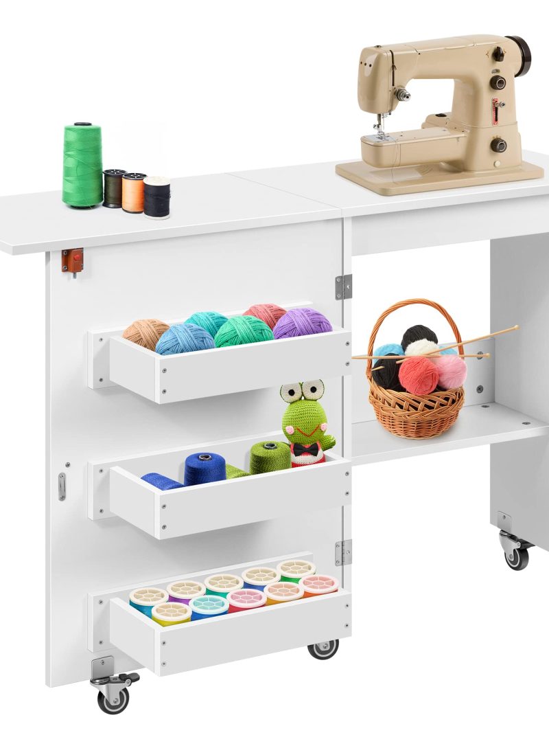 VIVOHOME Folding Sewing Craft Table, Rolling Sewing Machine Desk with Storage Shelves, Sewing Cabinet with Lift for Small Spaces, White