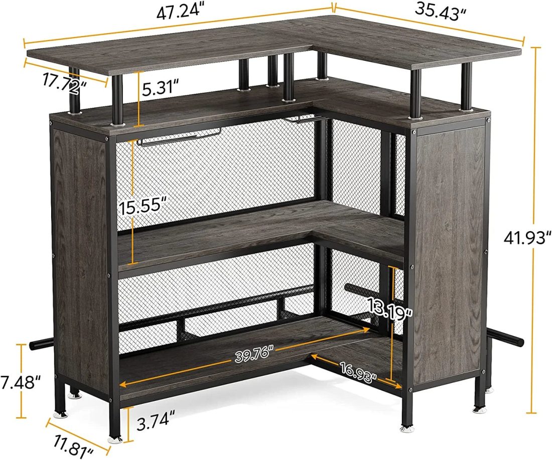 FJU Home Bar Unit, L-shaped Bar Table with Stemware Racks and 2-tier Shelves, Corner Mini Coffee Liquor Cabinet with Footrest for Home/Kitchen/Pub, Gray - Image 7
