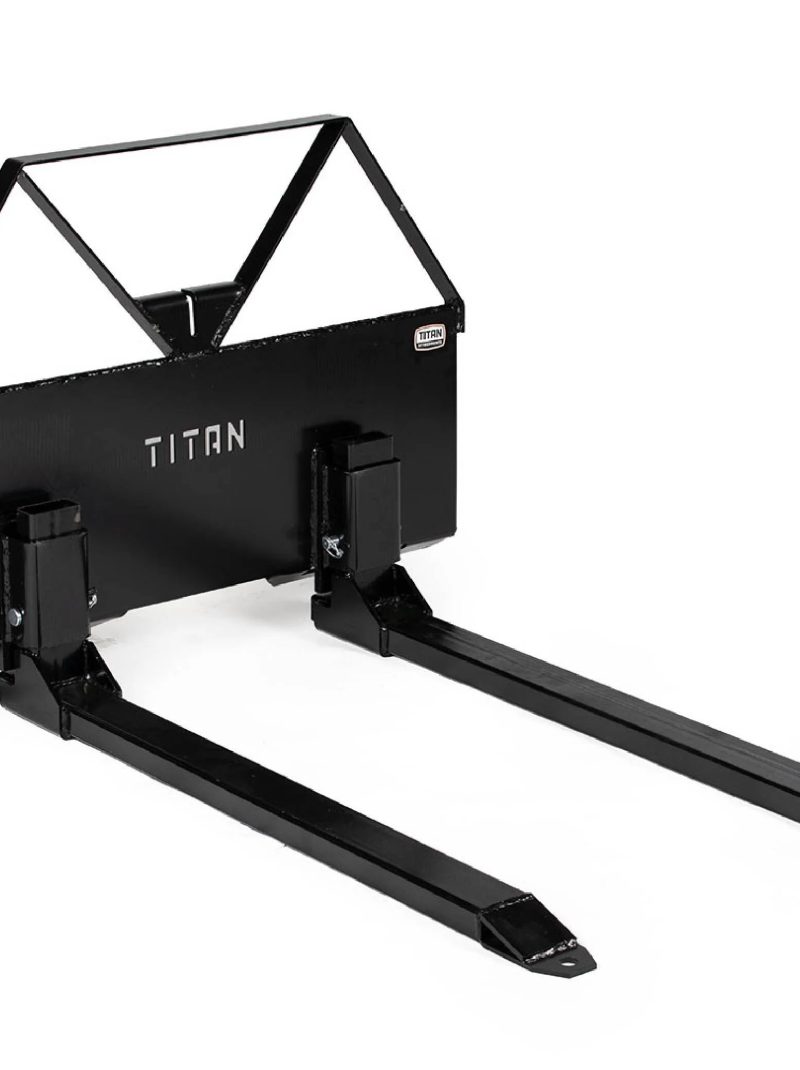Titan Attachments Pin-On Pallet Fork Frame Attachment, 46" Hefty Fork Blades with Hitch Ball Hole, Chain Buckle Retainer, Universal Skid Steer Quick Tach Mounting System, 2600 LB Load Capacity