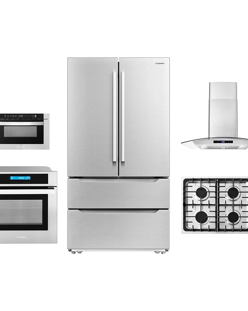 5 Piece Kitchen Package With 30" Gas Cooktop 30" Wall Mount Range Hood 24" Single Electric Wall Oven 24" Built-In Microwave Drawer & French Door Refrigerator