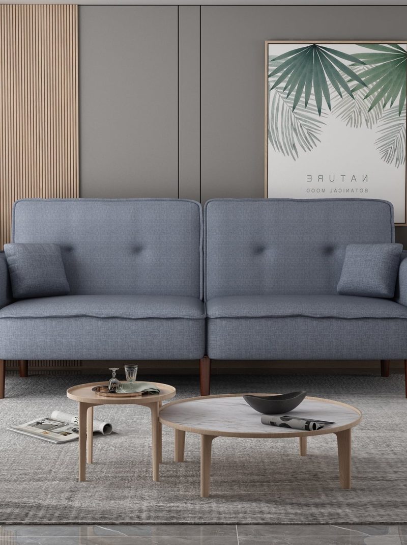 Modern Grey Fabric Futon Sofa Bed with Solid Wood Legs, Convertible Sleeper Sofa with Accent Pillows