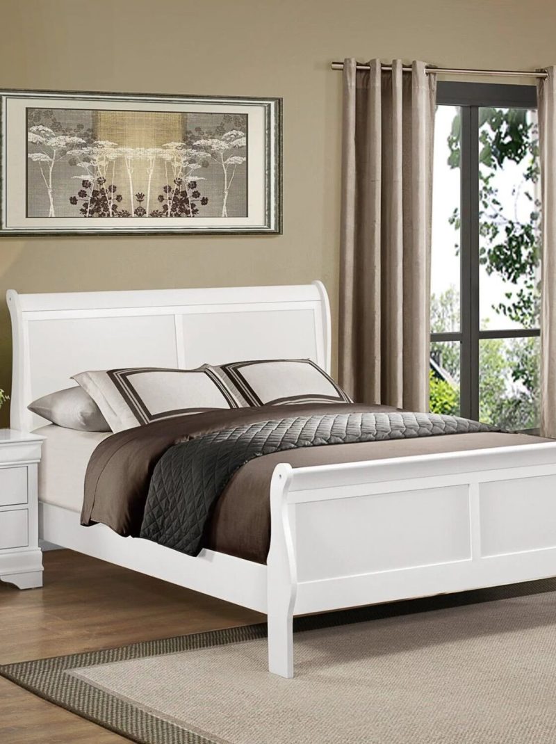 Traditional White Finish 1pc Eastern King Size Sleigh Bed Classic Louis Philippe Styling Bedroom Furniture