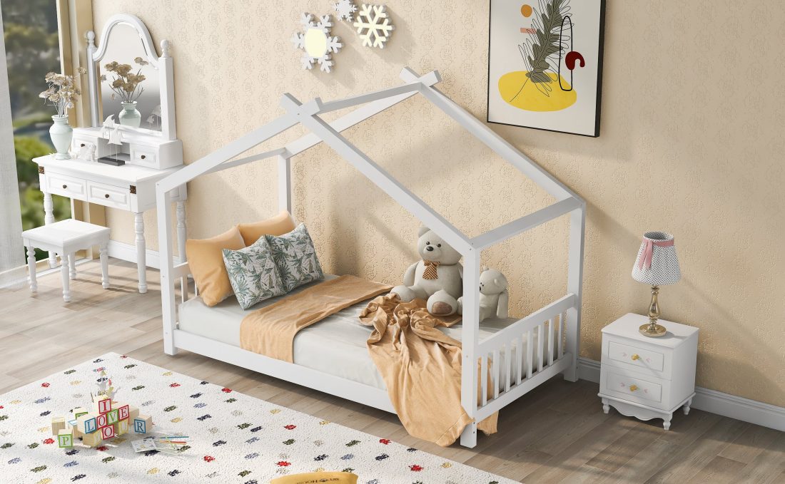 Twin Size White House Platform Bed with Roof Design Headboard and Footboard, Kids Bedroom Furniture - Image 3