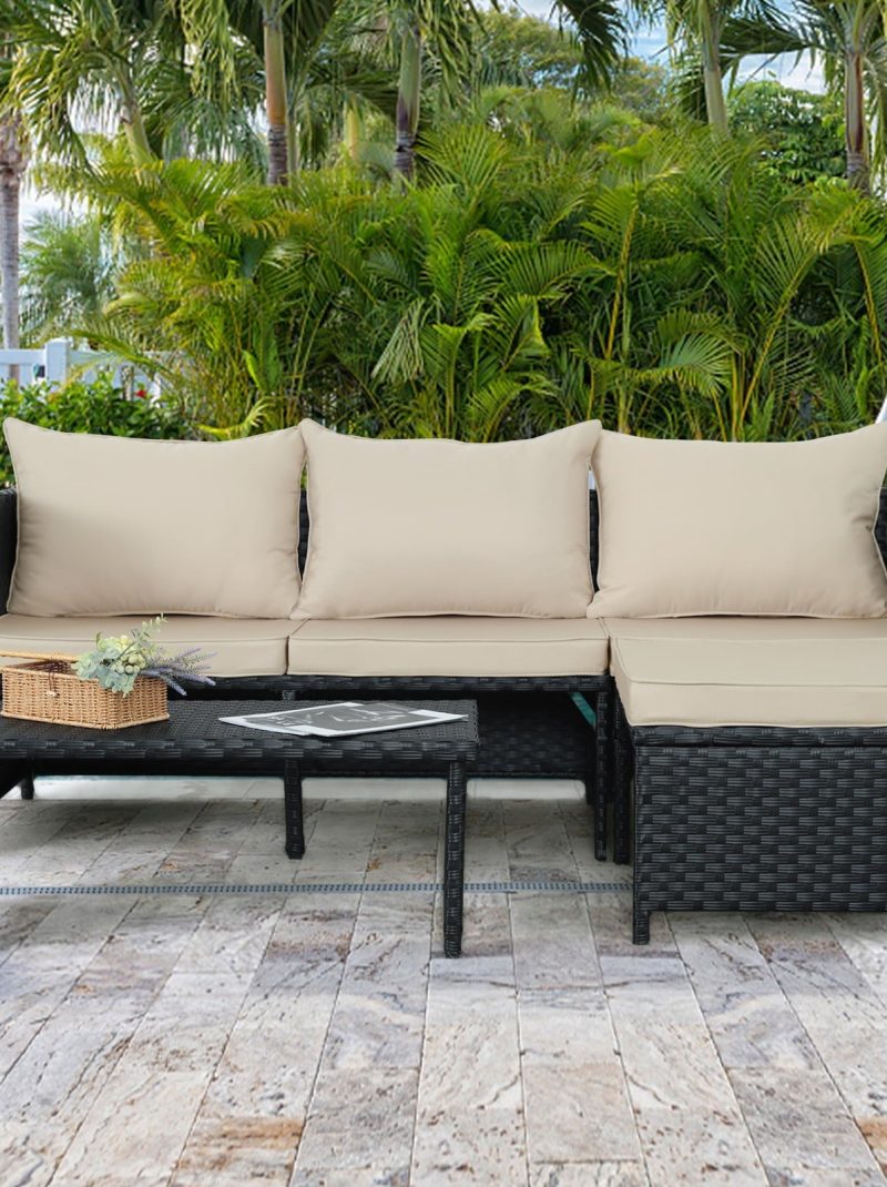 Waroom 3 Pieces Patio Conversation Sets Outdoor Wicker Furniture with Coffee Table,Khaki, Powder Coated Steel