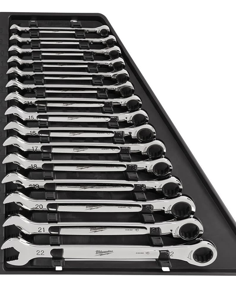 Milwaukee 48-22-9516 - 15-Piece Metric 12-Point Straight Head Ratcheting Combination Wrench Set with Storage Tray