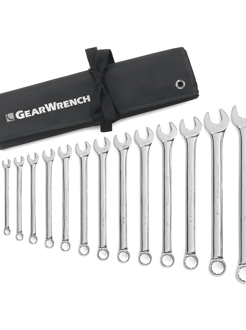GearWrench 81918 15 Pc. 12 Point Sae Long Pattern Combination Wrench Set With Wrench Roll