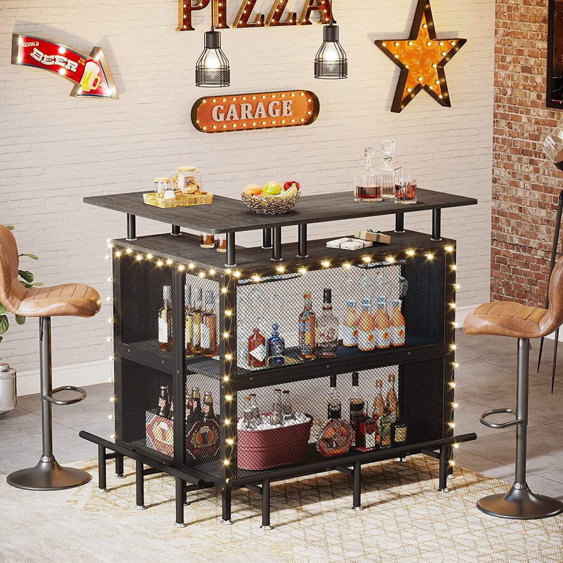 FJU Home Bar Unit, L-shaped Bar Table with Stemware Racks and 2-tier Shelves, Corner Mini Coffee Liquor Cabinet with Footrest for Home/Kitchen/Pub, Gray - Image 3
