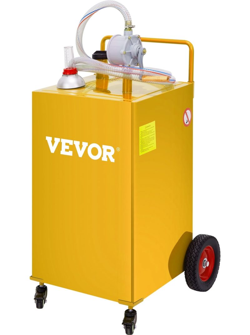 VEVOR 35 Gallon Gas Caddy, Fuel Storage Tank with 4 Wheels, Portable Fuel Caddy with Manuel Transfer Pump, Gasoline Diesel Fuel Container for Cars, Lawn Mowers, ATVs, Boats, More, Yellow