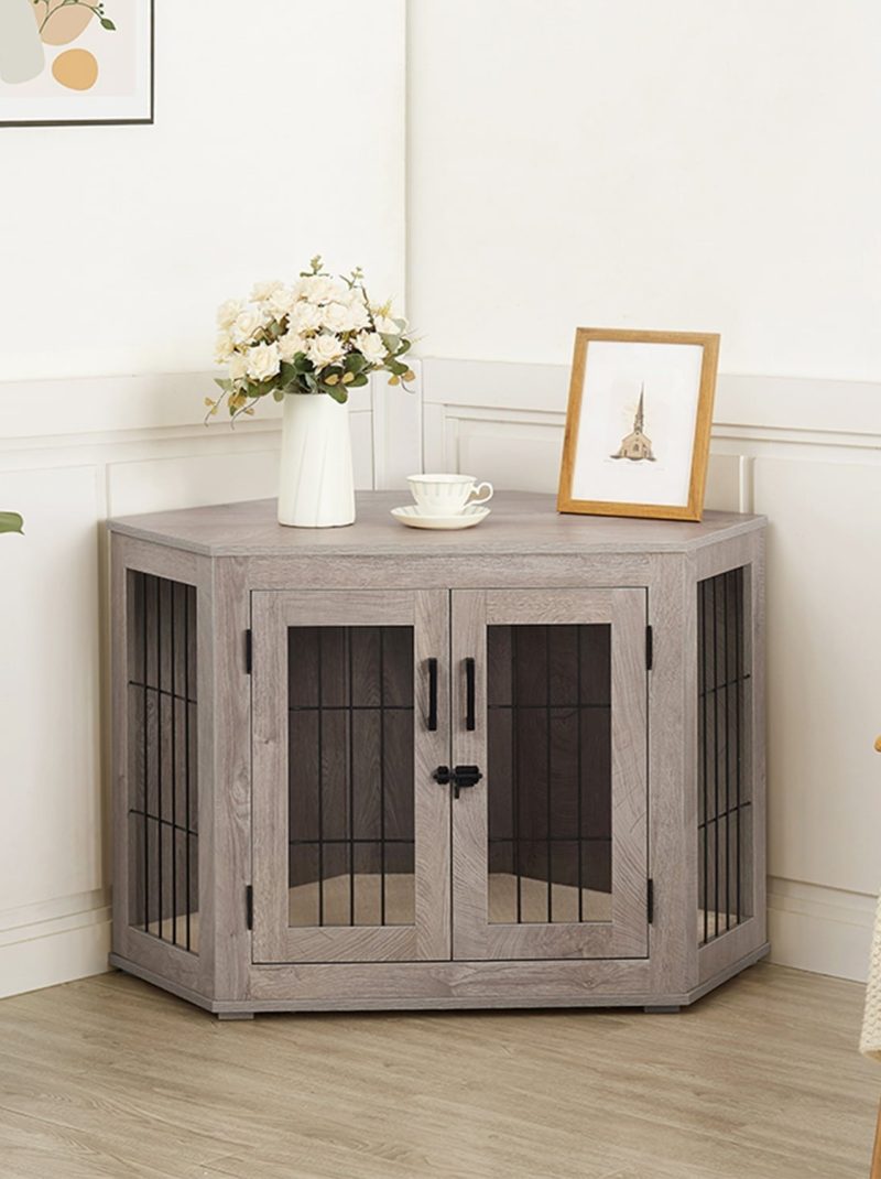 Unipaws Corner Dog Crate Furniture, Wooden Dog Kennel for Dogs Puppy, Pet Crate for Limited Room, Medium, Weathered Gray