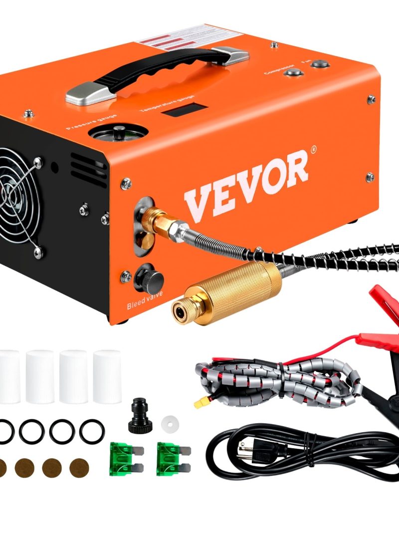 VEVORbrand PCP Air Compressor, 4500PSI Portable PCP Compressor, 12V DC 110V/220V AC PCP Airgun Compressor Auto-stop, w/ Built-in Adapter, Fan Cooling, for Paintball, Air Rifle, Mini Diving Bottle