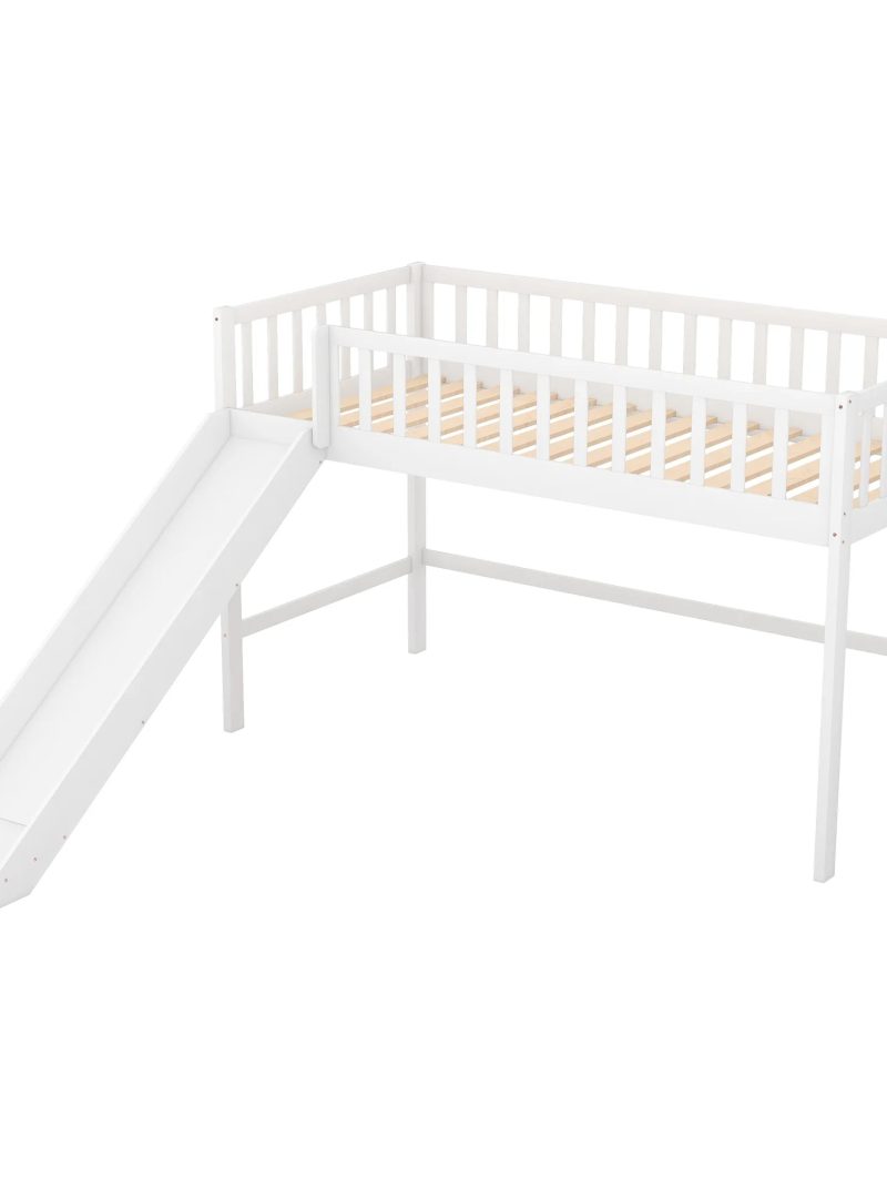 :Low Loft Bed with Slide and Ladder, Twin Size, White - Fun Slide, Space-Saving Design, Perfect for Kids