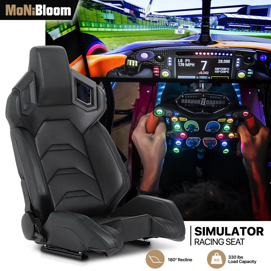 MoNiBloom Ergonomic Racing Seat, Racing Simulator Game Seat with Adjustable Slide, Leather Racing Seat for Racing Simulator Cockpit, Black - Image 2