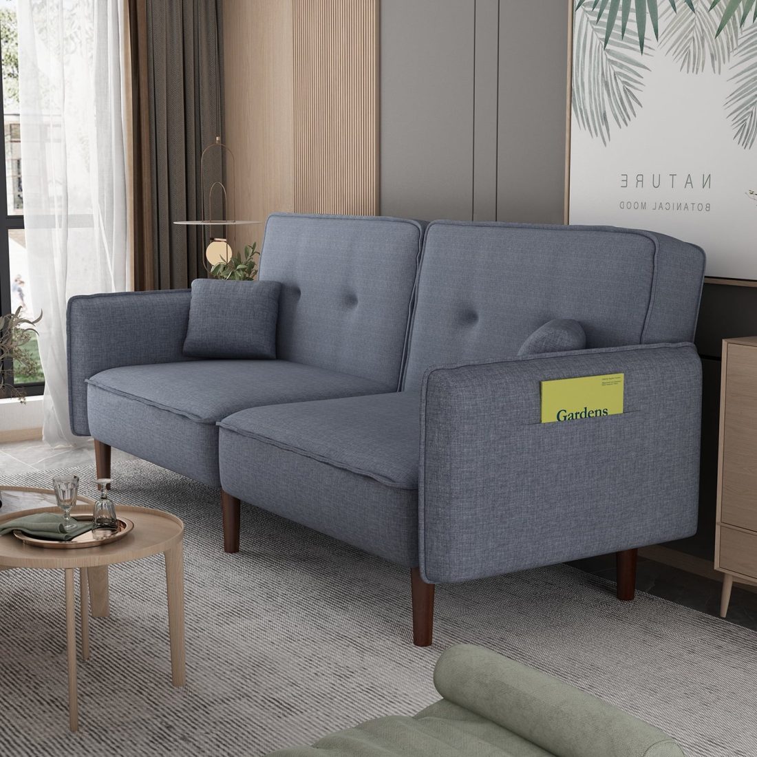 Modern Grey Fabric Futon Sofa Bed with Solid Wood Legs, Convertible Sleeper Sofa with Accent Pillows - Image 3