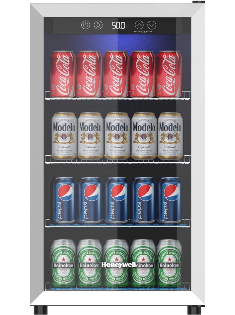 Honeywell Beverage Refrigerator and Cooler, 115 Can Mini Fridge with Glass Door for Soda Beer or Wine for Office or Bar with Adjustable Removable Shelving