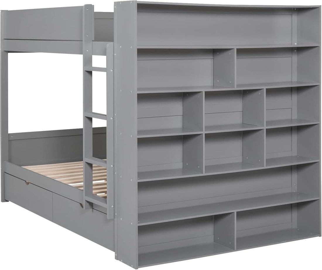 Full Over Full Bunk Bed with 2 Drawers and Multi-Layer Cabinet, Wooden Bunkbeds with Shelves Storage - Image 5