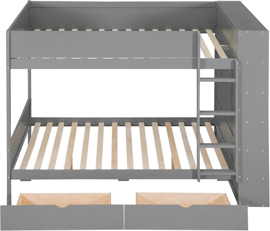 Full Over Full Bunk Bed with 2 Drawers and Multi-Layer Cabinet, Wooden Bunkbeds with Shelves Storage - Image 4