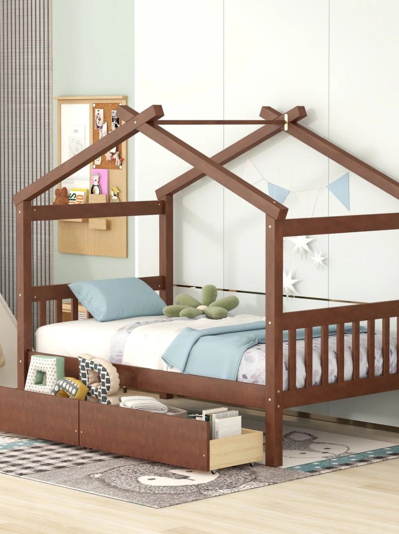 Upgrade your bedroom decor with this cozy and elegant Twin Size Wooden House Bed. Featuring spacious drawers and a stylish walnut finish this bed is the perfect addition to your bedroom.