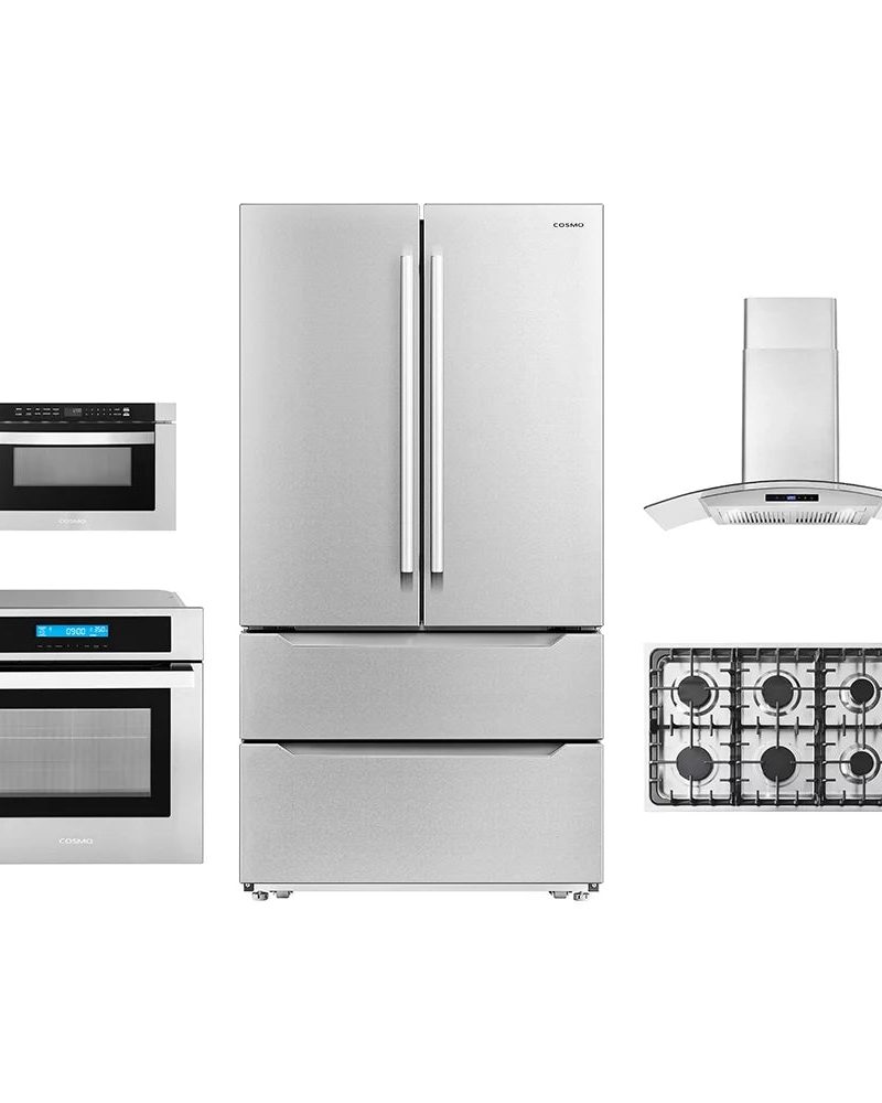 5 Piece Kitchen Package With 36" Gas Cooktop 36" Wall Mount Range Hood 30" Single Electric Wall Oven 24" Built-In Microwave Drawer & French Door Refrigerator