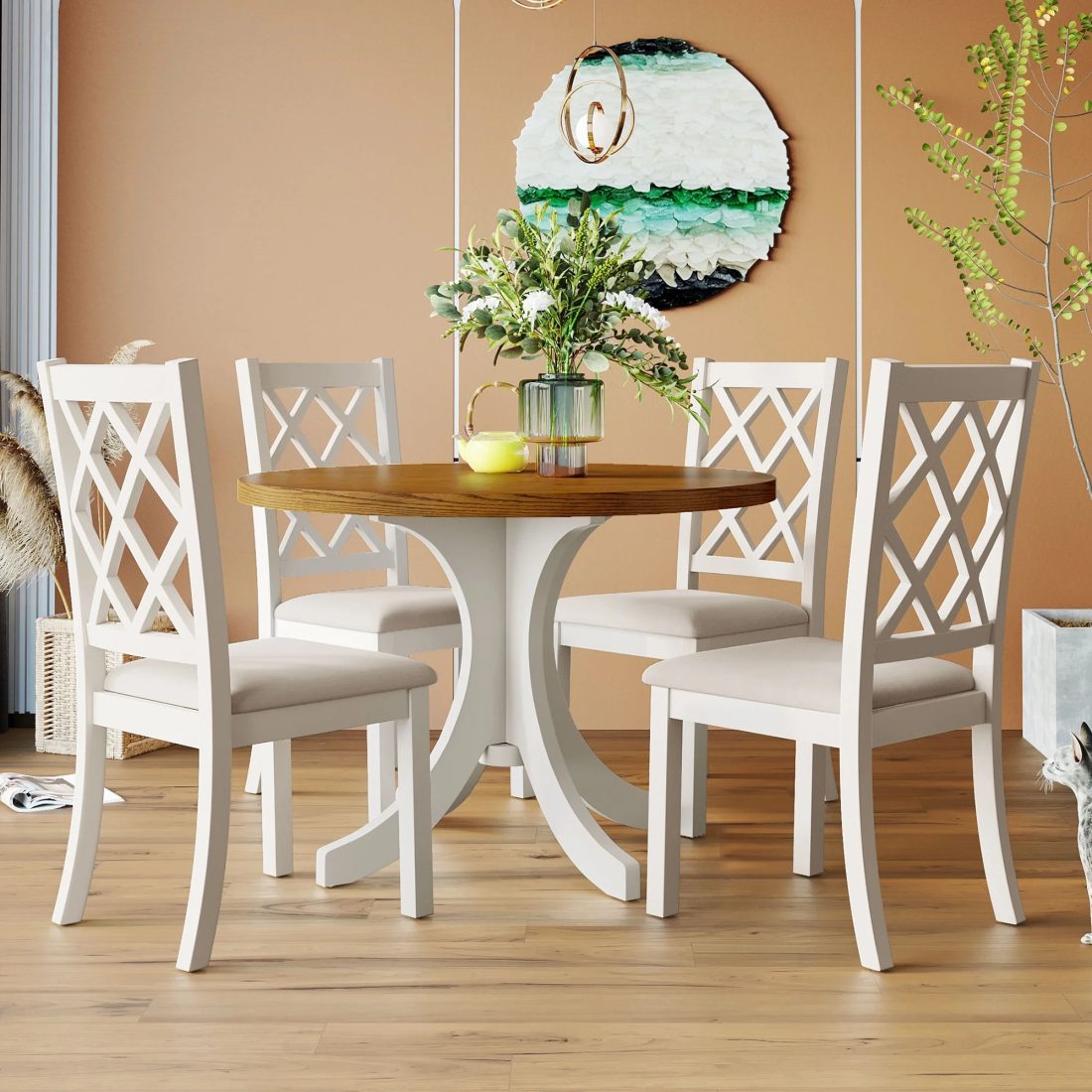 Llinc Store Mid-Century Solid Wood 5-Piece Round Dining Table Set for 4 Kitchen Table Set with Upholstered Chairs for Small Places Walnut Table+Beige Chair - Image 2