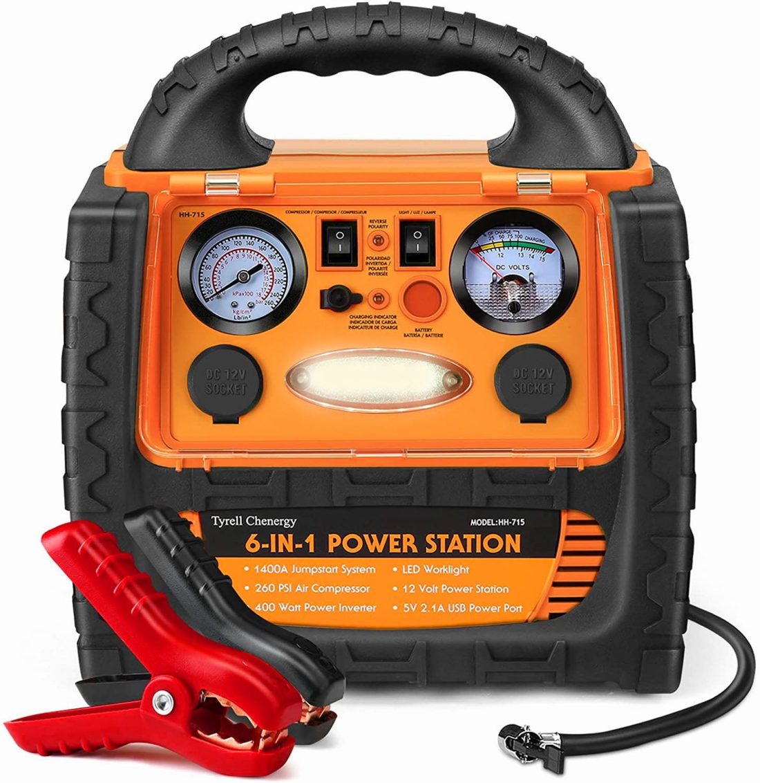 Tyrell Chenergy Power Station 1400 Amp Battery Jump Starter， 110V 400W Power Inverter Battery Booster Pack with AC/DC Outlet & Air Compressor, Portable Power Station Charger