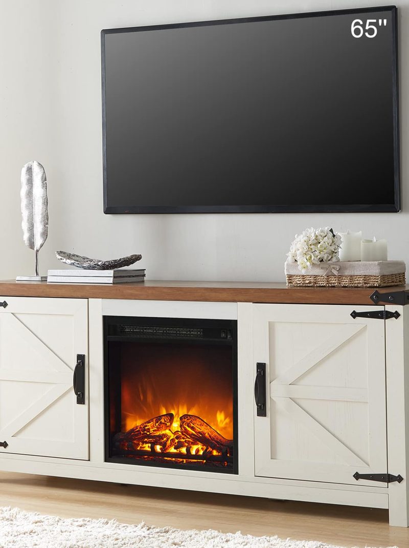 T4TREAM Fireplace TV Stand for 65 Inch TV, Farmhouse Barn Door Media Console, Entertainment Center with 18" Electric Fireplace Storage Cabinet Doors,for Living Room, 58 Inch, Antique White