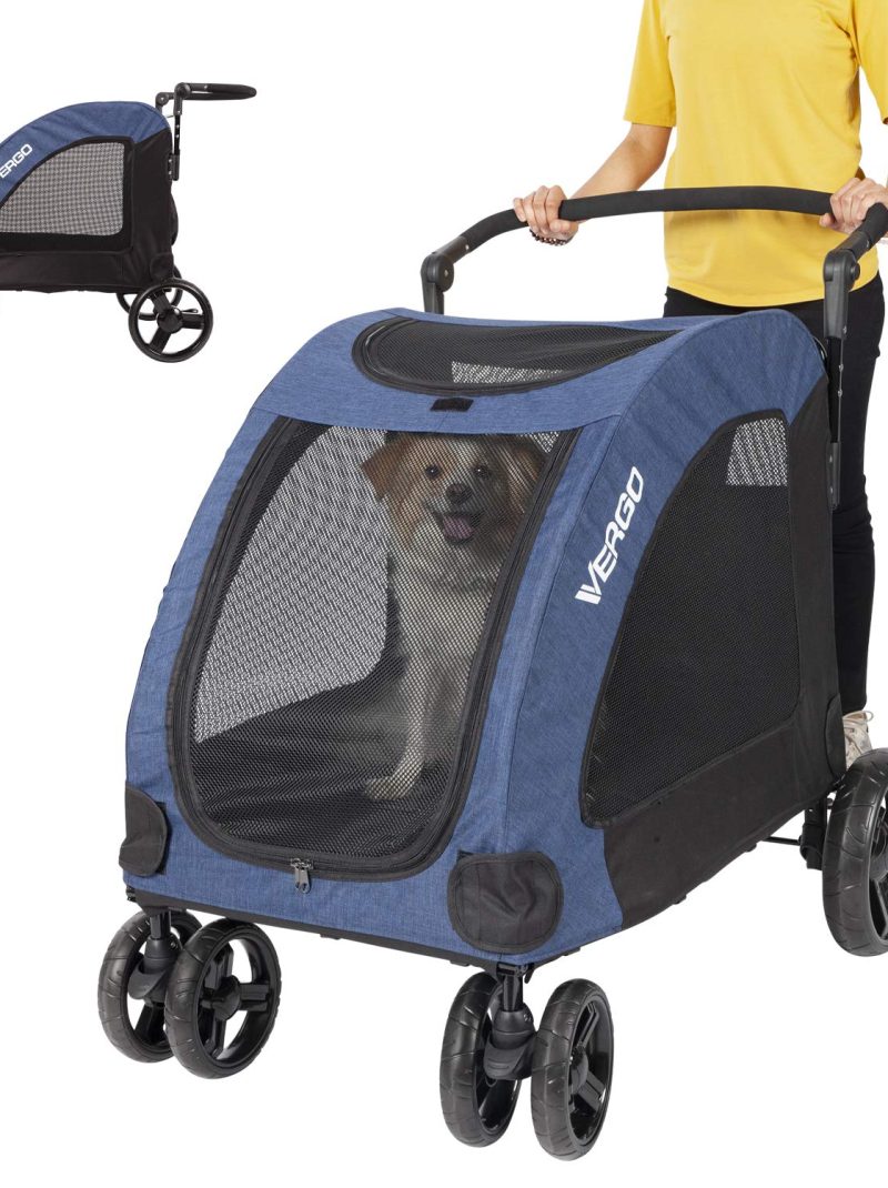 Vergo Dog Stroller Pet Jogger Wagon Foldable Cart with 4 Wheels, Adjustable Handle, Zipper Entry, Mesh Skylight Pet Stroller for Small to Large Dogs and Other Pet Travel (Blue)