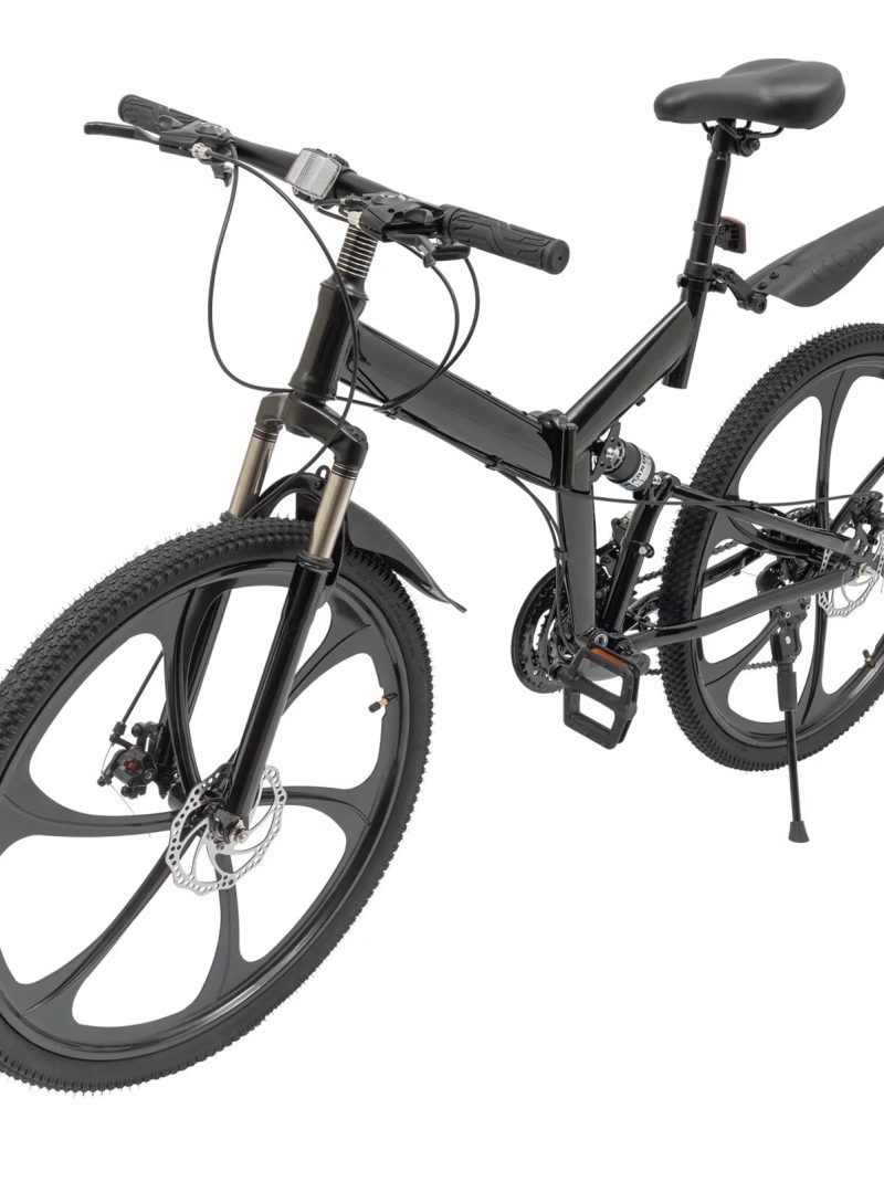 Aiqidi 26 Inch 21 Speed Folding Mountain Bike Full Suspension MTB Dual Disc Brakes Bicycle Foldable City Road Bike Seat Height Adjustable Unisex Adult Bicycle Black