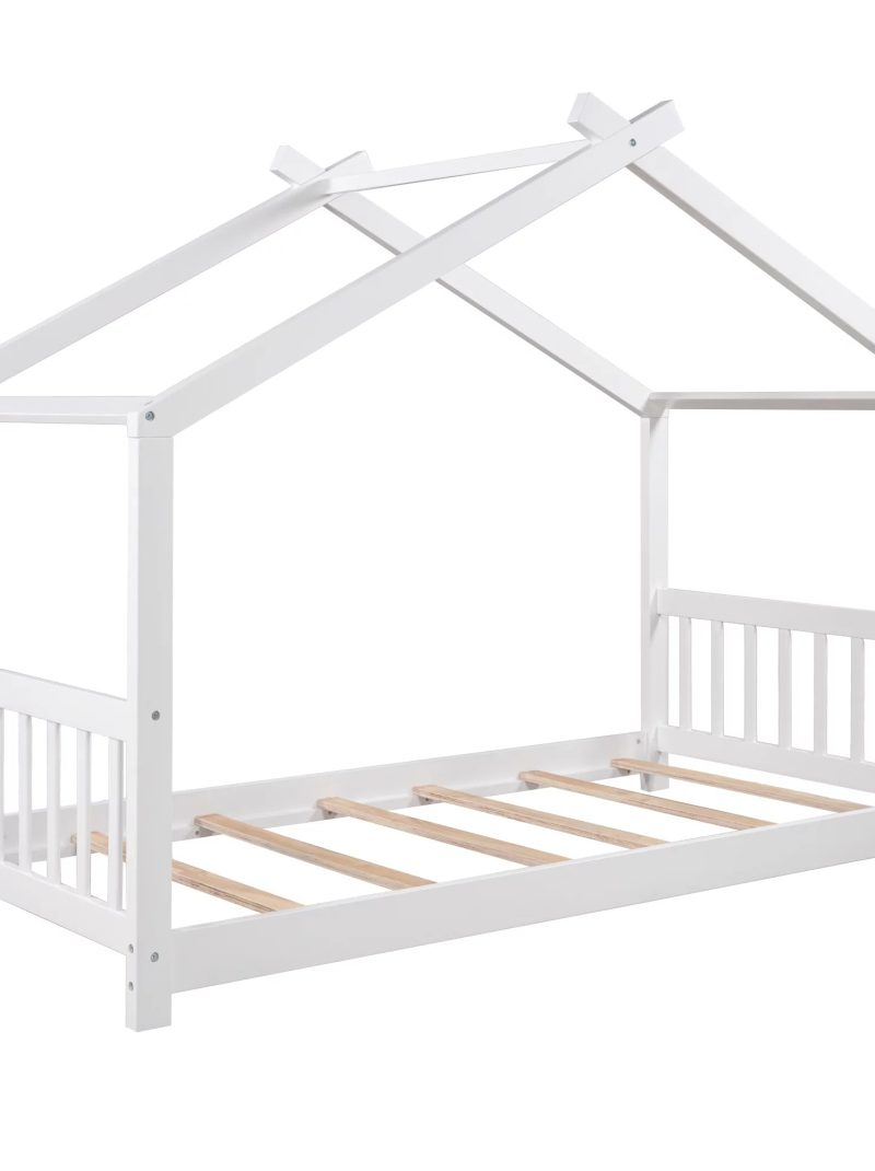 Twin Size White House Platform Bed with Roof Design Headboard and Footboard, Kids Bedroom Furniture