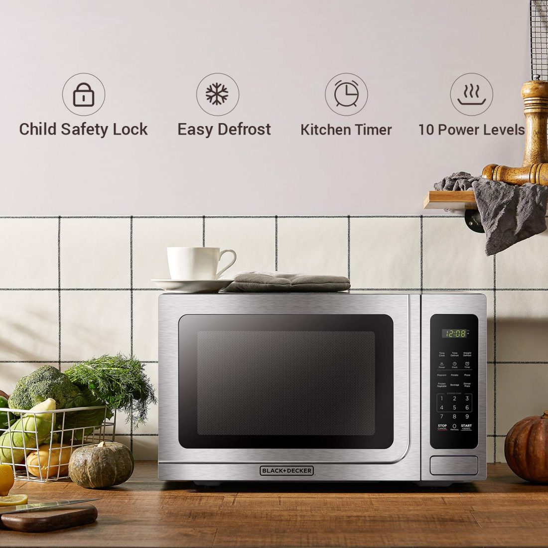 BLACK+DECKER EM036AB14 Digital Microwave Oven with Turntable Push-Button Door, Child Safety Lock, Stainless Steel, 1.4 Cu.ft - Image 4