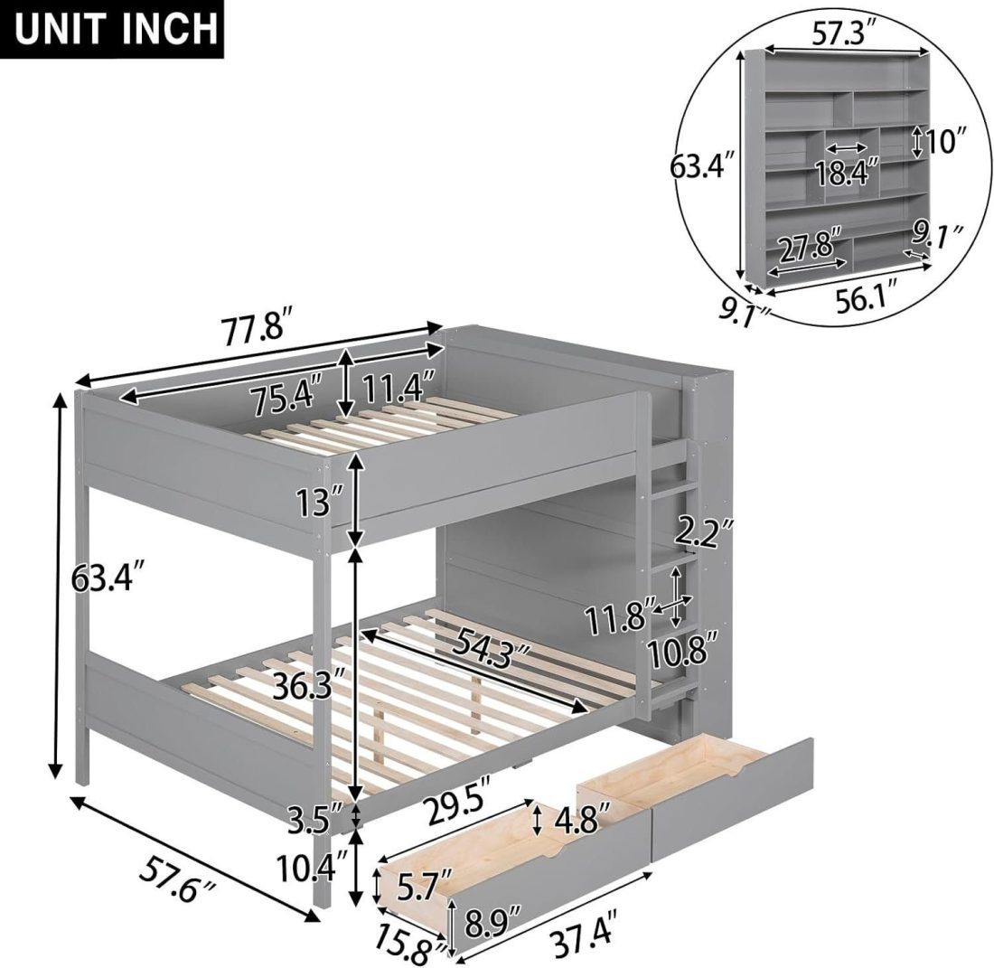 Full Over Full Bunk Bed with 2 Drawers and Multi-Layer Cabinet, Wooden Bunkbeds with Shelves Storage - Image 2
