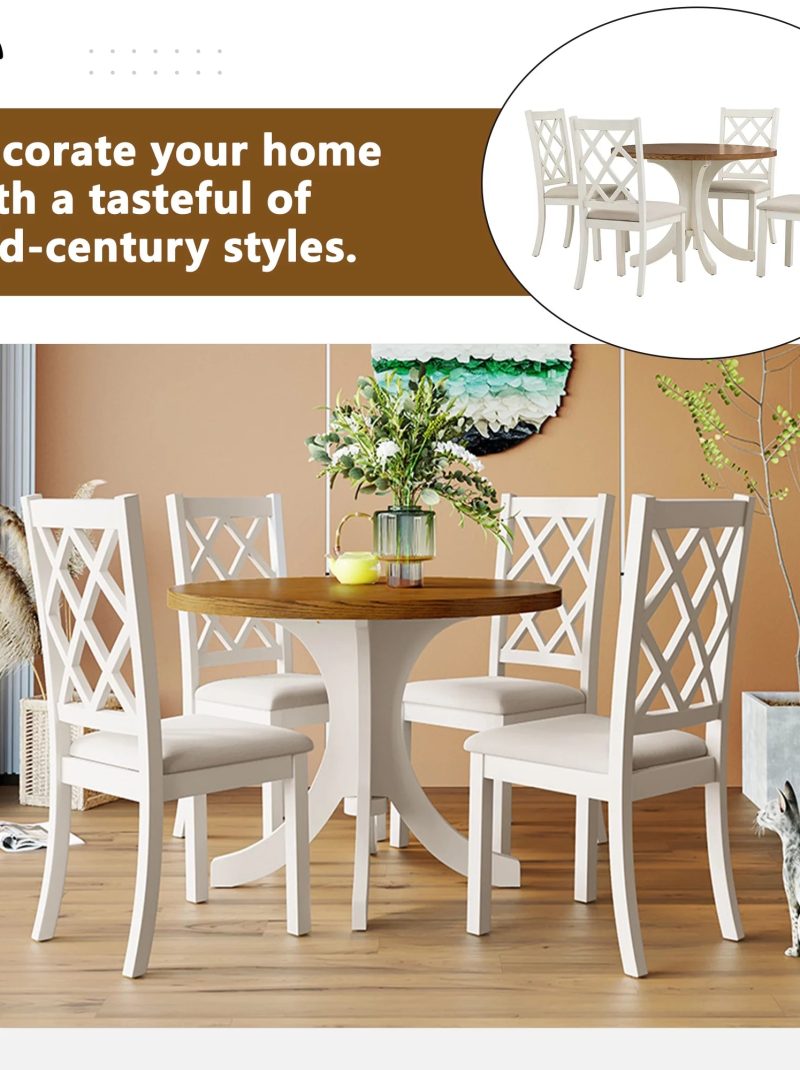 Llinc Store Mid-Century Solid Wood 5-Piece Round Dining Table Set for 4 Kitchen Table Set with Upholstered Chairs for Small Places Walnut Table+Beige Chair
