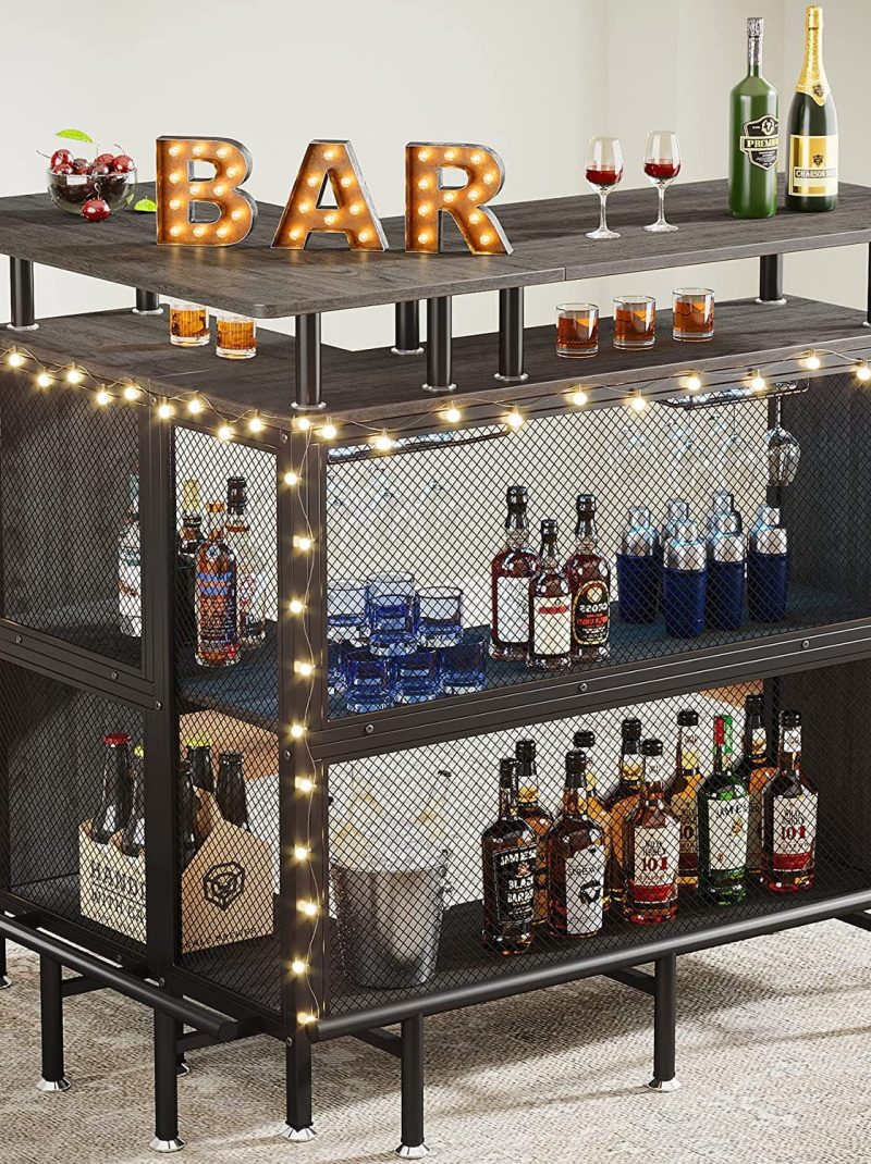 FJU Home Bar Unit, L-shaped Bar Table with Stemware Racks and 2-tier Shelves, Corner Mini Coffee Liquor Cabinet with Footrest for Home/Kitchen/Pub, Gray