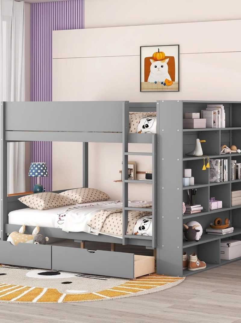 Full Over Full Bunk Bed with 2 Drawers and Multi-Layer Cabinet, Wooden Bunkbeds with Shelves Storage