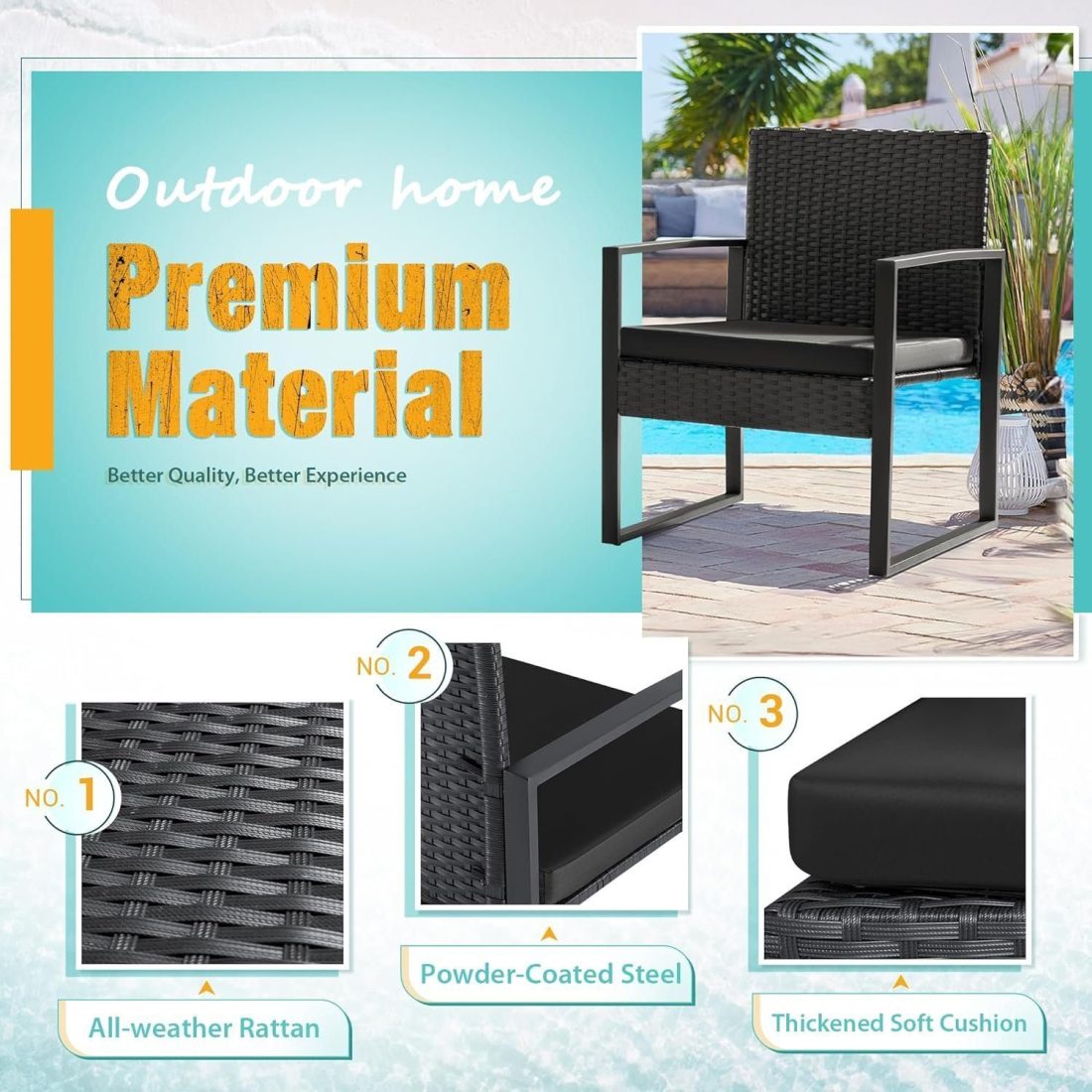 Premium Modern Patio Furniture Set for Small Spaces – 3PCS Outdoor Wicker Chairs & Table for Balcony, Yard, Bistro – Black Elegance - Image 3