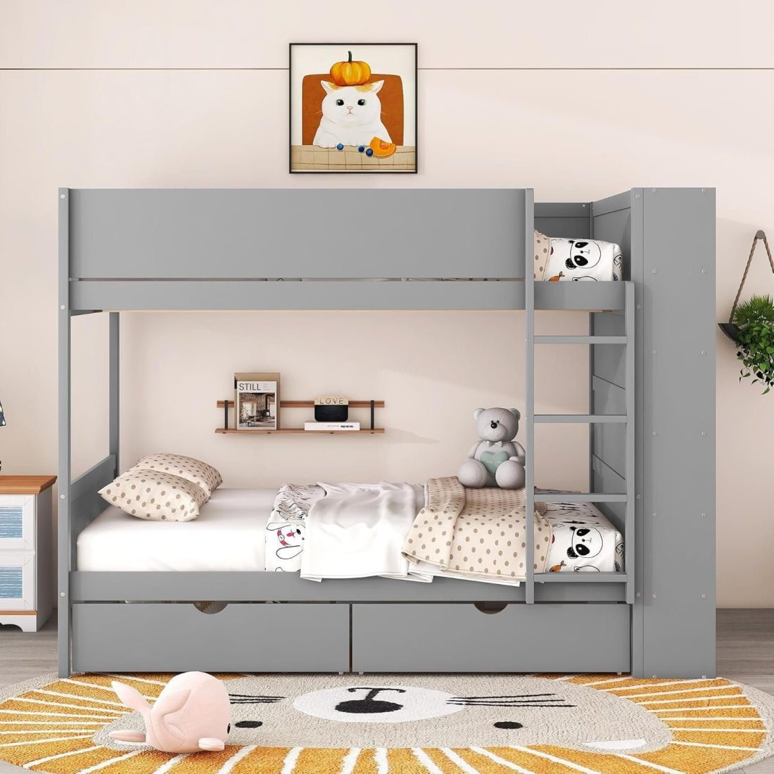 Full Over Full Bunk Bed with 2 Drawers and Multi-Layer Cabinet, Wooden Bunkbeds with Shelves Storage - Image 3