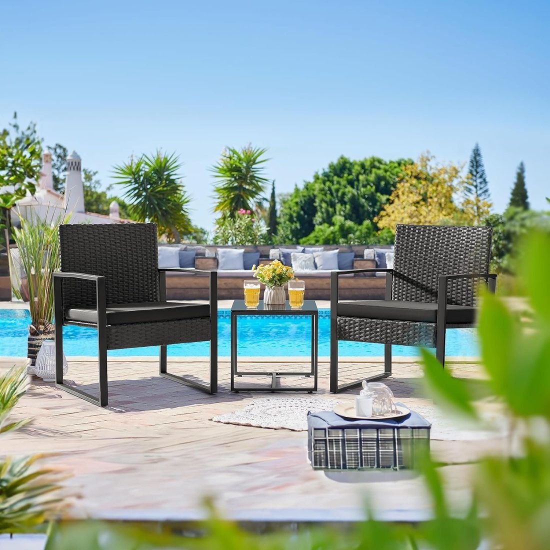 Premium Modern Patio Furniture Set for Small Spaces – 3PCS Outdoor Wicker Chairs & Table for Balcony, Yard, Bistro – Black Elegance - Image 5